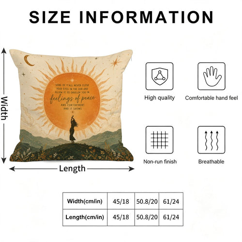 Size chart for a decorative sun and mountain themed throw pillow with text.