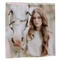 Young woman with white horse shower curtain featuring beach and ocean scene, bathroom decor by Sandy Beach