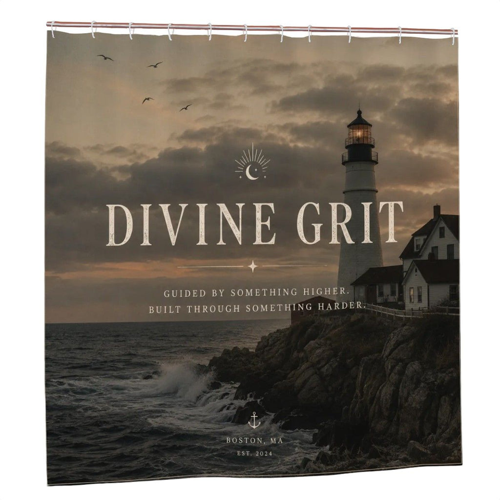 Divine Grit Shower Curtain – Moody Coastal Lighthouse Guided Built Through Something Harder Nautical Bathroom Decor
