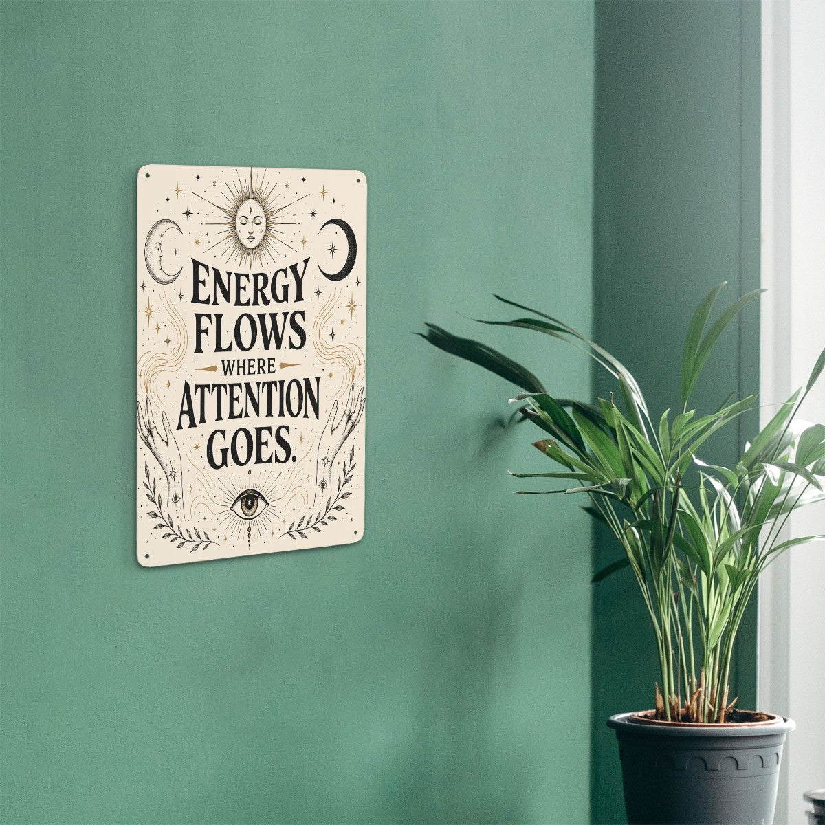 Celestial motivational wall art sign with sun, moon, and eye motifs on a teal wall.