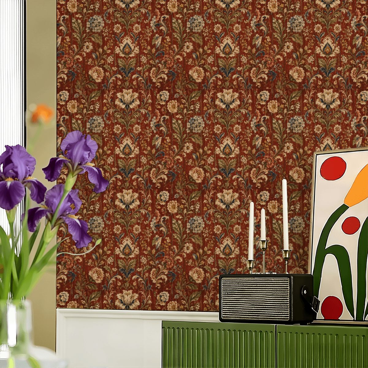 Vintage floral pattern wallpaper in terracotta and cream tones on a decorative wall.