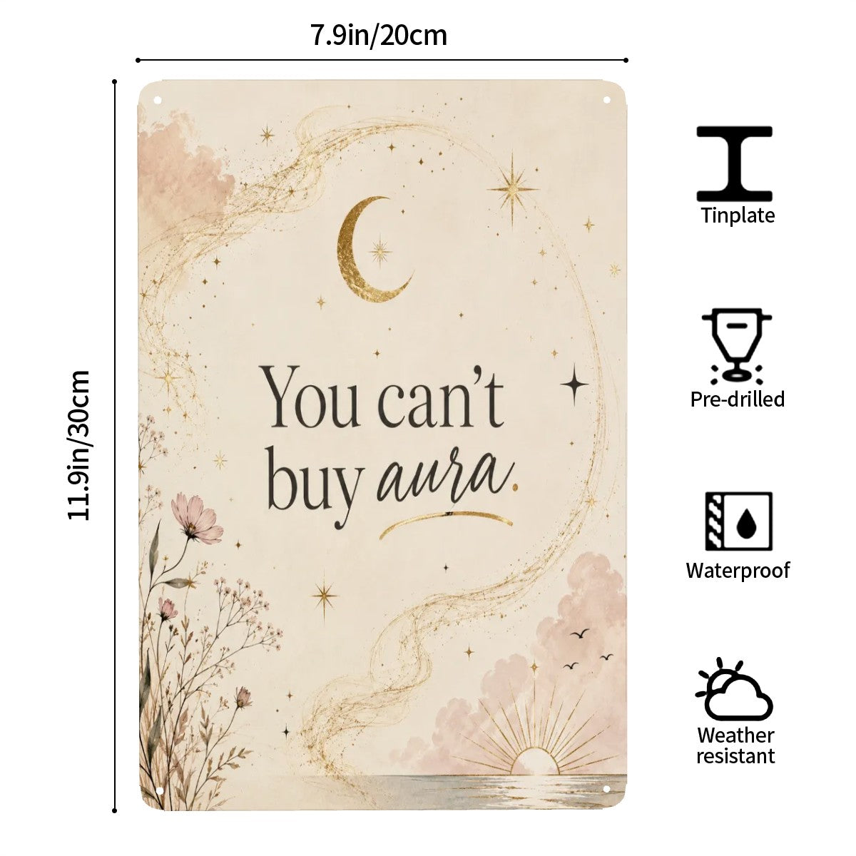 Celestial themed tinplate sign with moon, stars, and text 'You can't buy aura'
