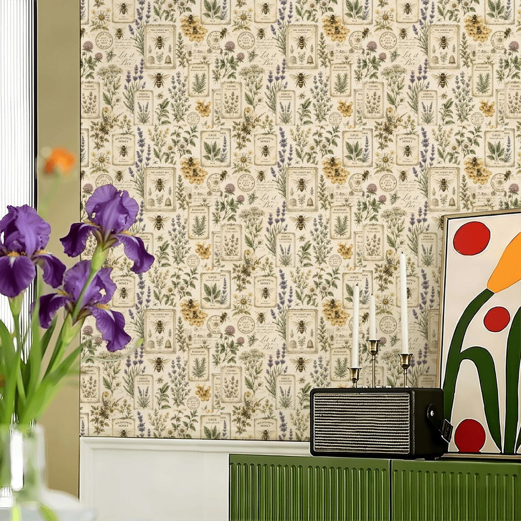 Botanical pattern wallpaper featuring vintage illustrations of herbs, bees, and wildflowers.