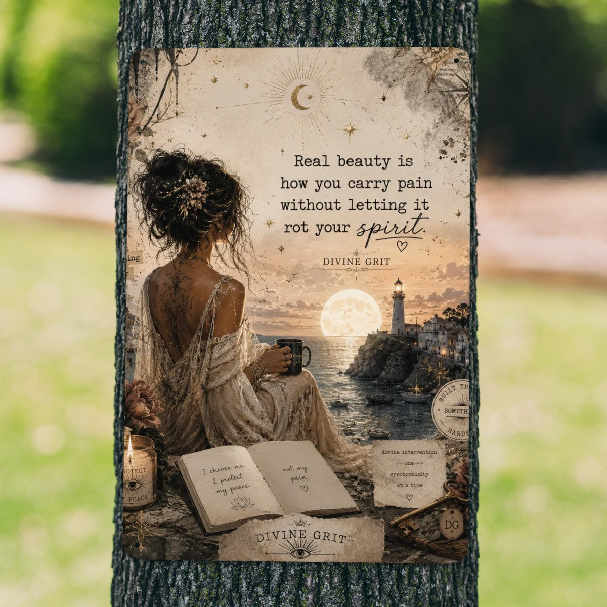 Inspirational garden flag featuring a woman by the sea with a quote about resilience and spirit.