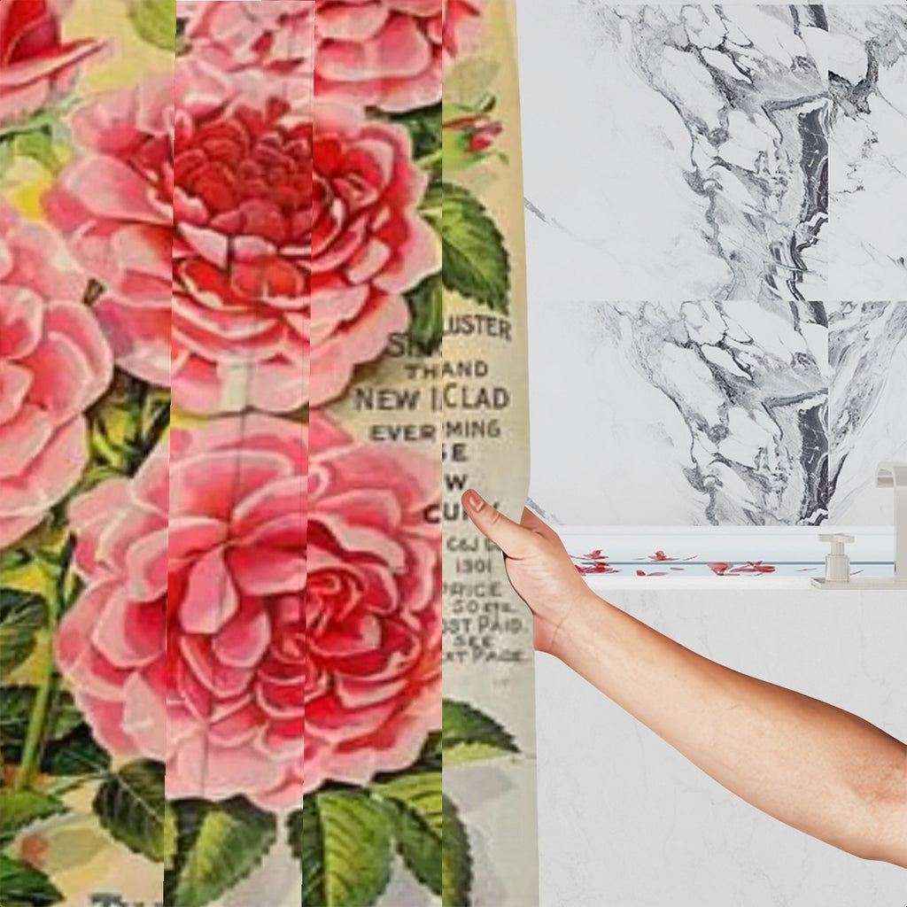Vintage pink rose botanical shower curtain with floral design, perfect for bathroom decor by Sandy Beach