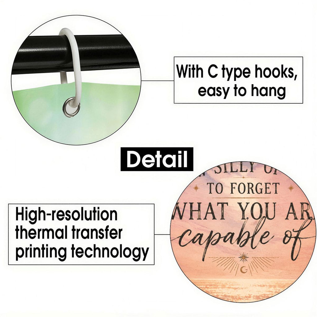 Close-up of C-type hooks for easy hanging and high-resolution thermal transfer printing detail.