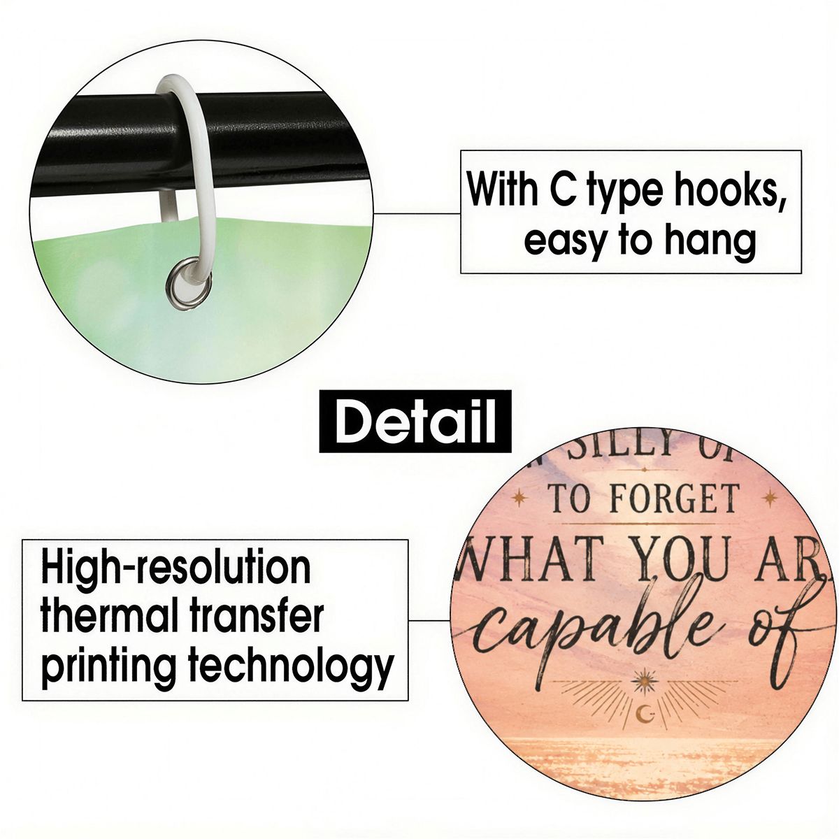 Close-up of C-type hooks for easy hanging and high-resolution thermal transfer printing detail.