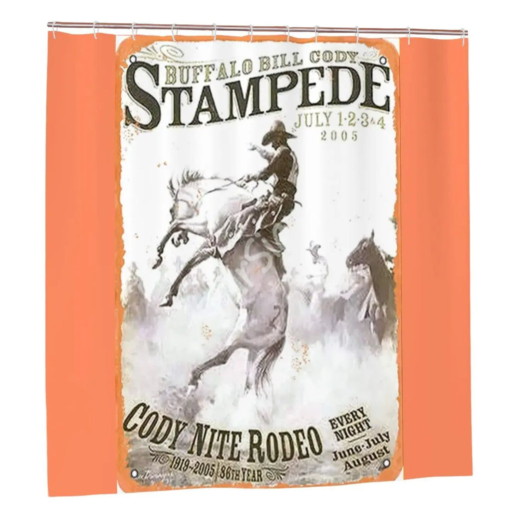 Stampede Rodeo themed shower curtain by Sandy Beach featuring vibrant rodeo scene for bathroom decor.