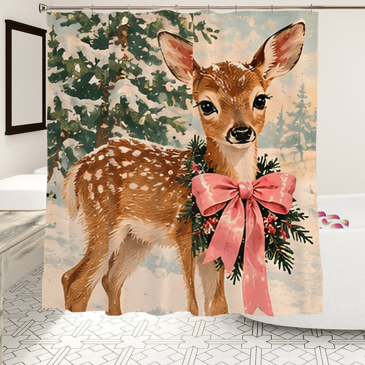 Woodland Deer Christmas Shower Curtain | Fawn with Pink Bow