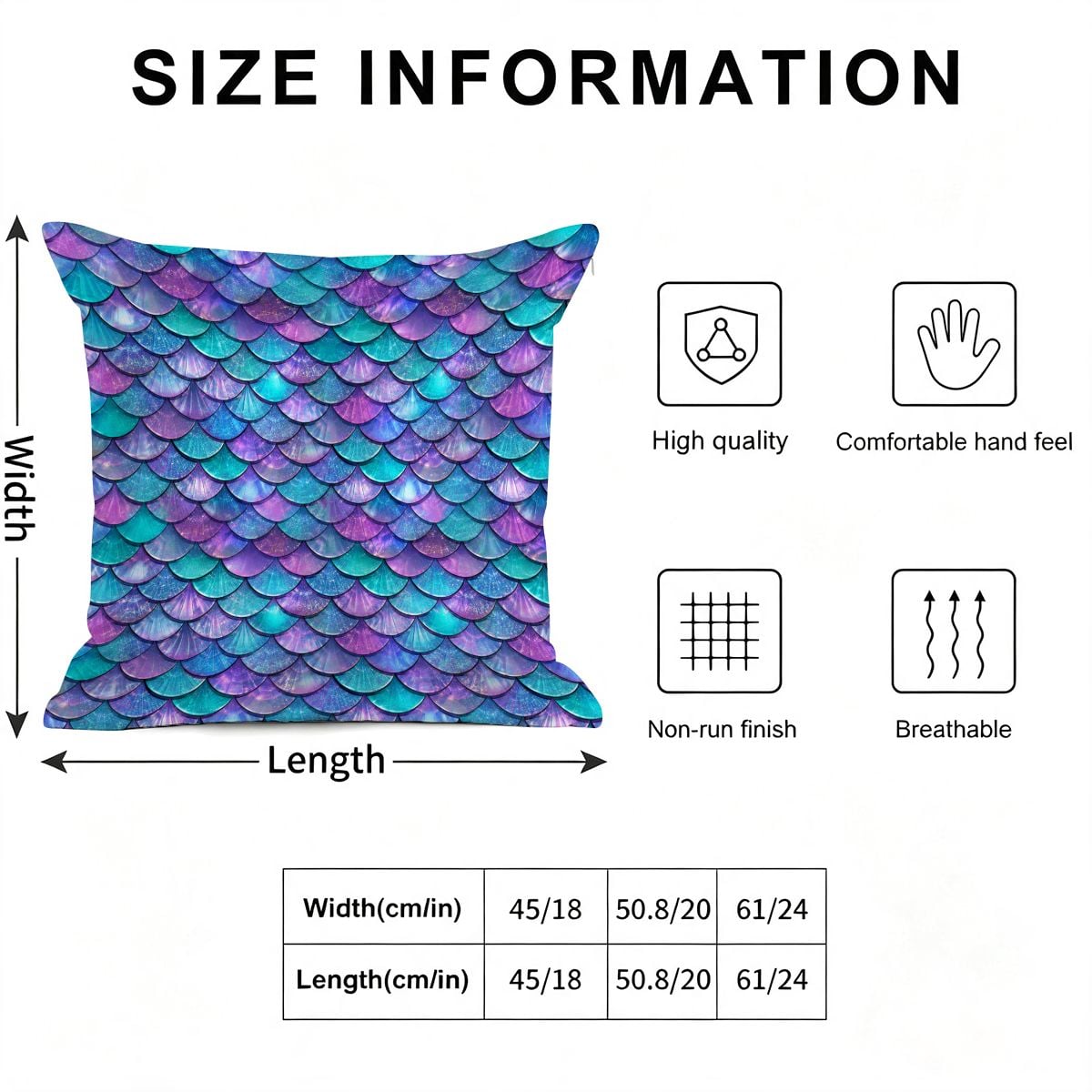Decorative mermaid scale pattern pillow with size information chart.