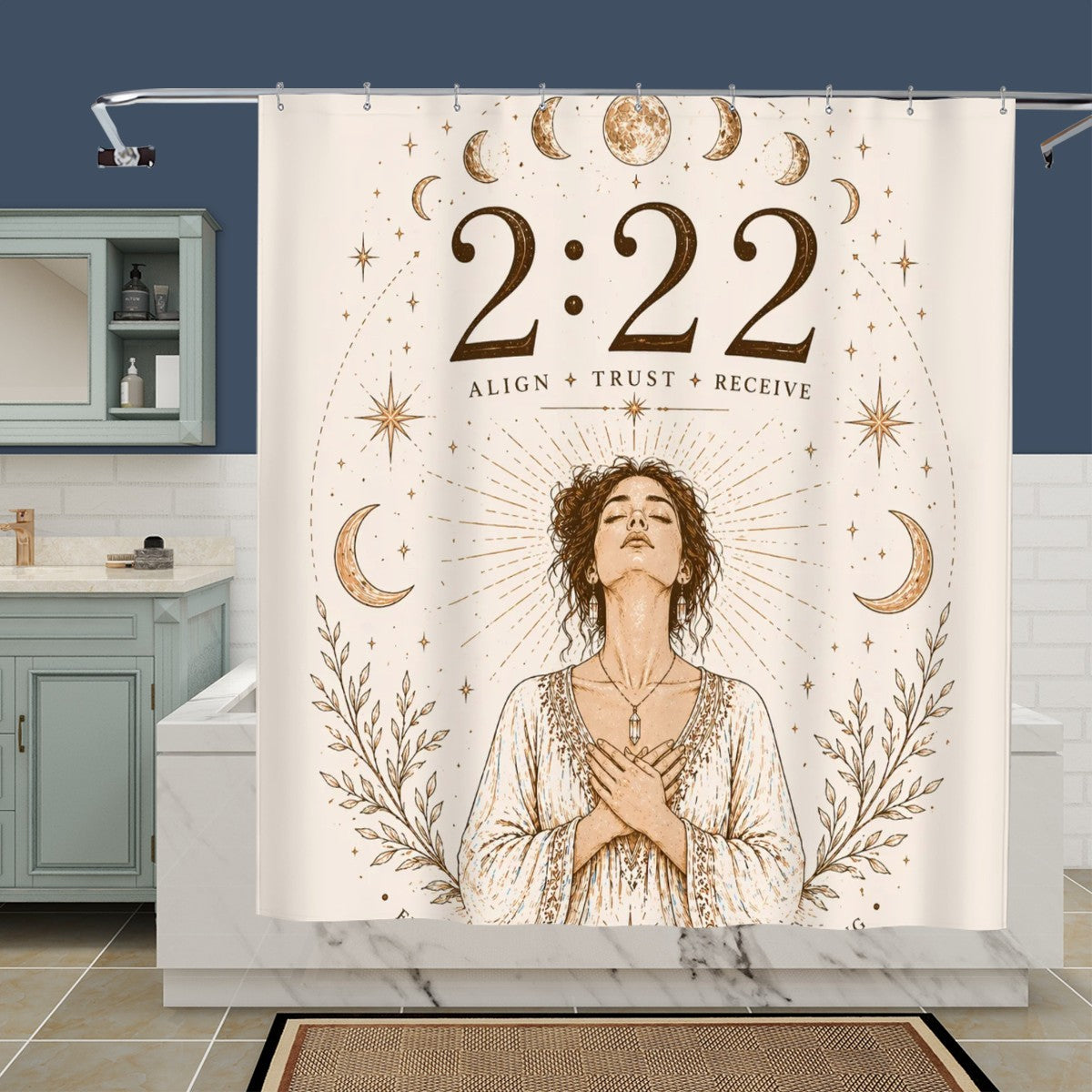 Sandy Beach 222 Angel Number shower curtain with spiritual angel number design, perfect for boho bathroom decor and divine timing wall art.