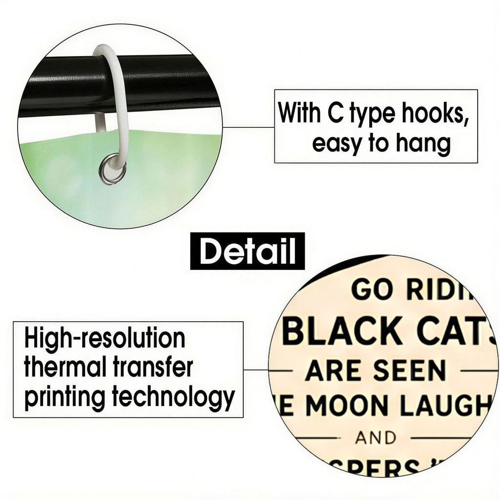 Close-up detail of C-type shower curtain hooks and high-resolution thermal transfer print.