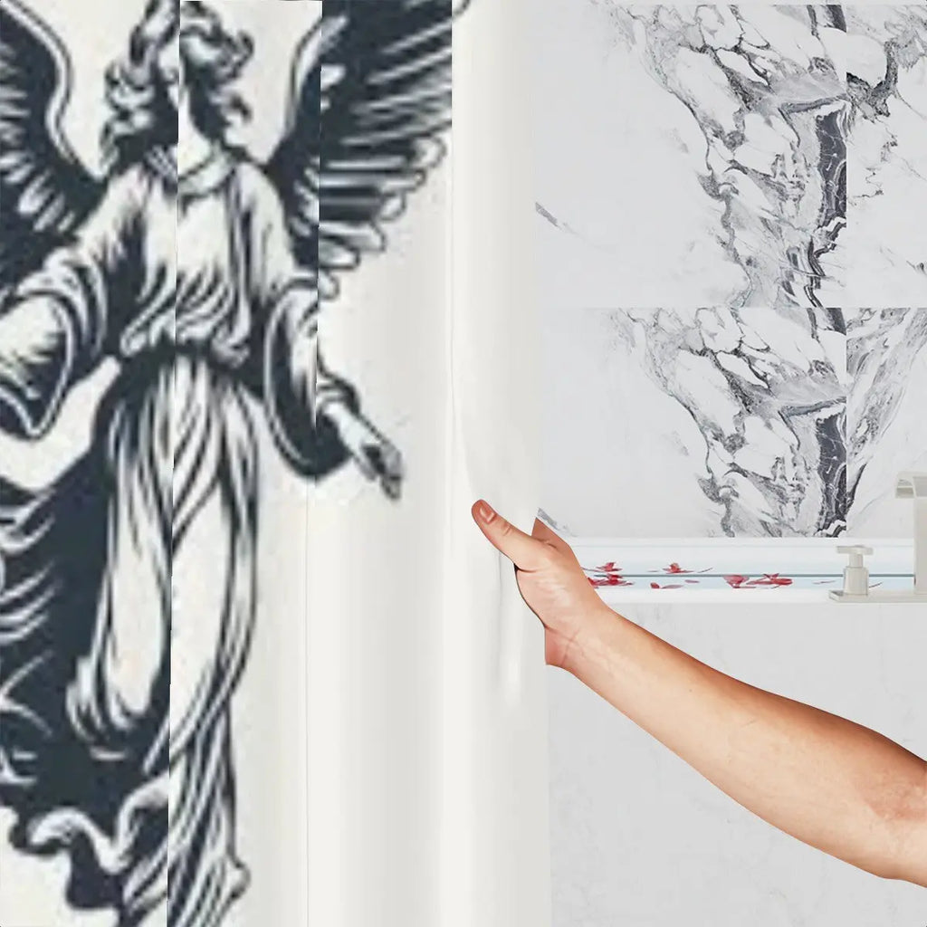 Vintage angel shower curtain with detailed angel design, perfect for bathroom decor by Sandy Beach.
