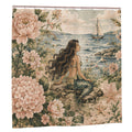 Vintage style shower curtain featuring a mermaid sitting on a rock by the ocean with pink peonies.