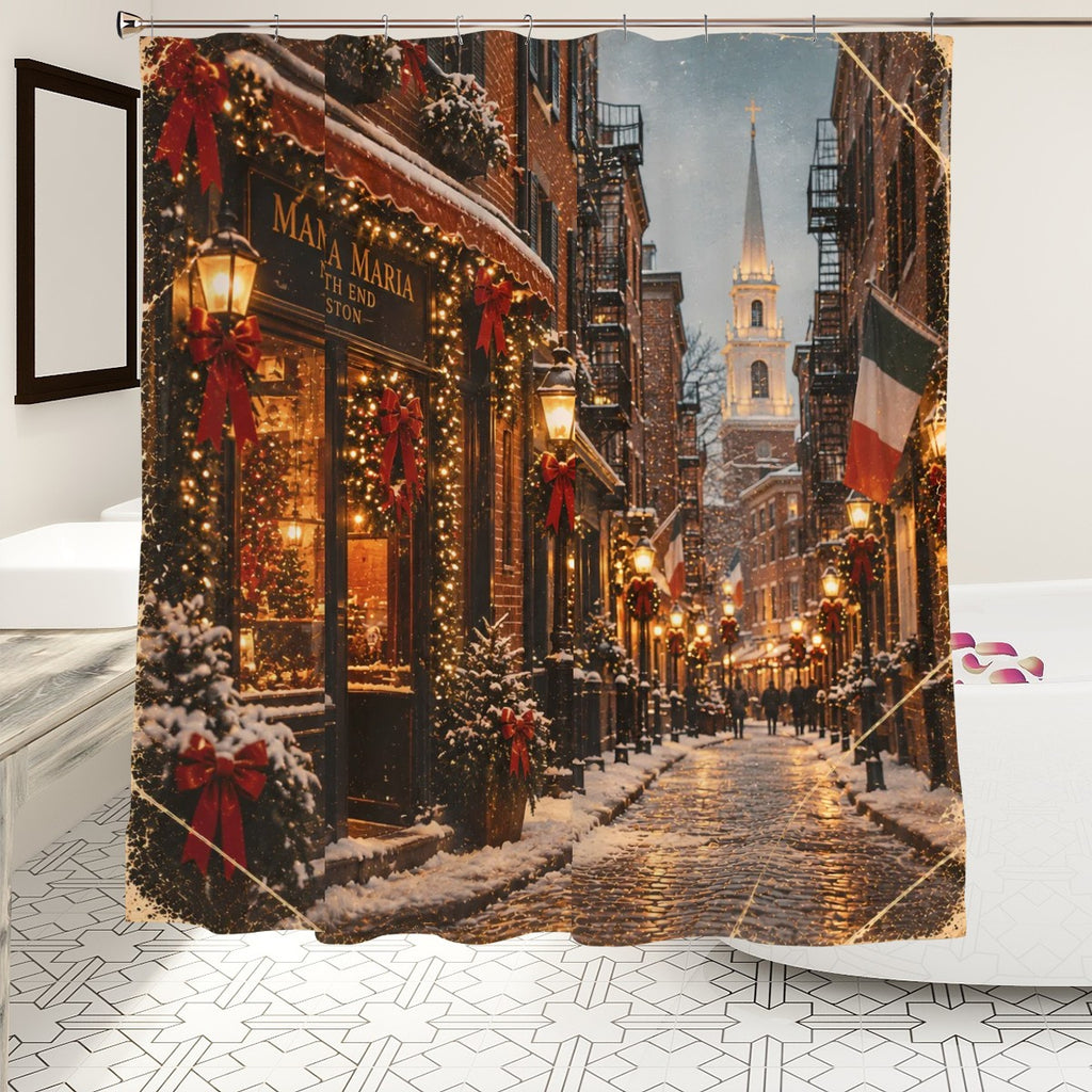 Boston North End Christmas Shower Curtain | Snowy Holiday Street