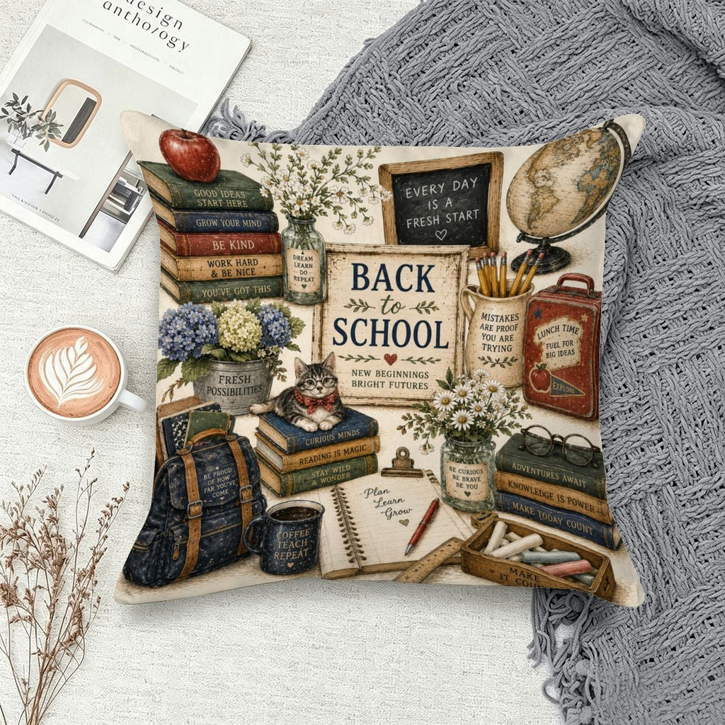 Decorative throw pillow featuring a back to school collage with books, a globe, and a kitten.