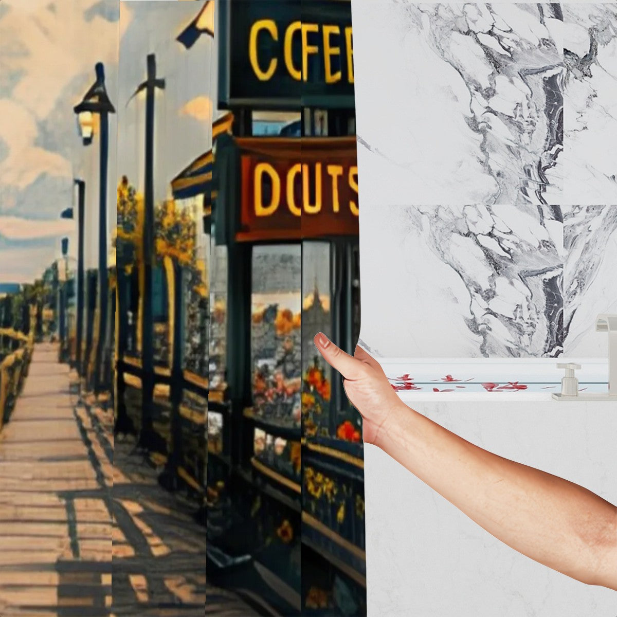 Hand peeling back white marble contact paper to reveal a colorful city street scene mural.
