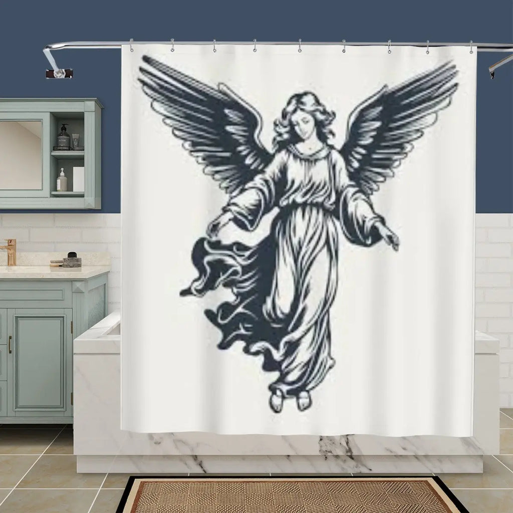 Vintage angel-themed shower curtain from Sandy Beach, featuring intricate angel designs for bathroom decor.