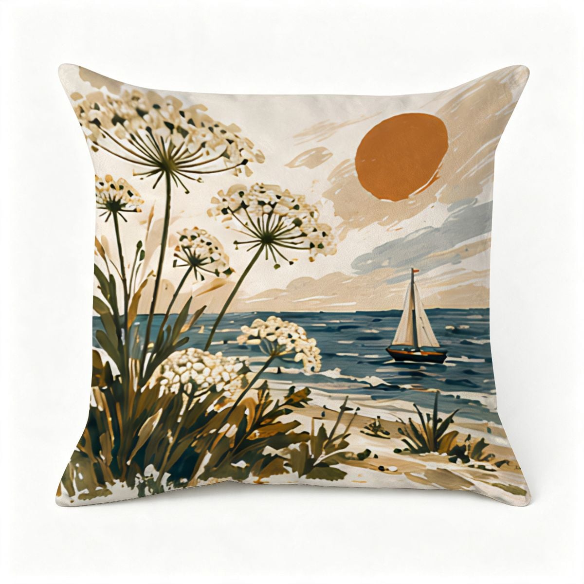 Decorative throw pillow featuring a coastal landscape with white wildflowers and a sailboat.