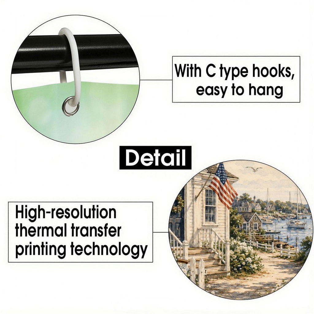 Close-up of C-type hooks for easy hanging and high-resolution thermal transfer print detail.