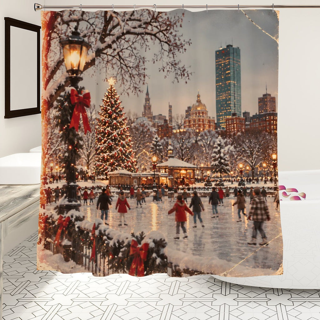 Boston Frog Pond Christmas Shower Curtain | Winter Ice Skating Scene