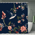 Navy blue shower curtain with vintage floral patterns and a flying swallow bird design.