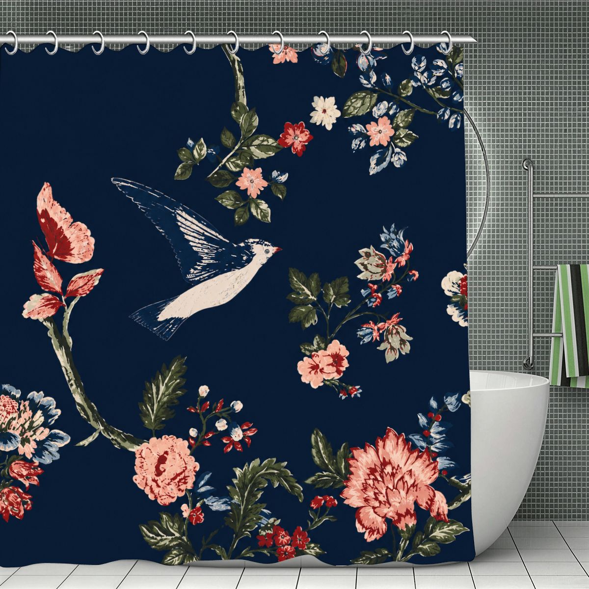 Navy blue shower curtain with vintage floral patterns and a flying swallow bird design.