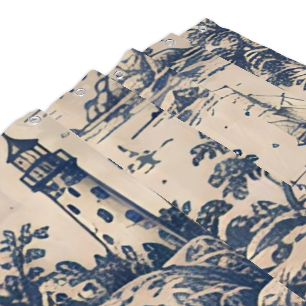 Blue and white toile pattern shower curtain featuring a vintage landscape and tower design.
