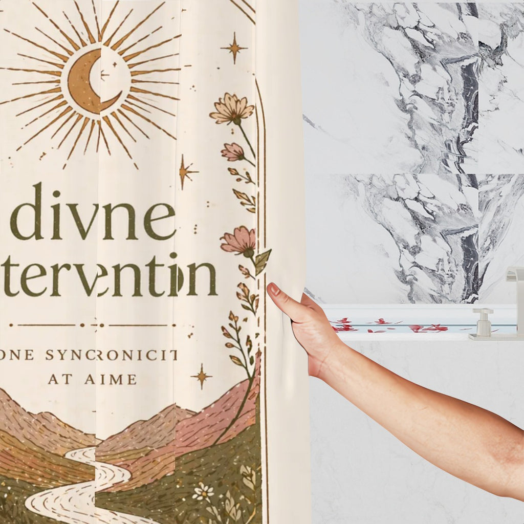 Divine Path shower curtain featuring celestial landscape design, perfect for spiritual-themed bathroom decor by Sandy Beach.