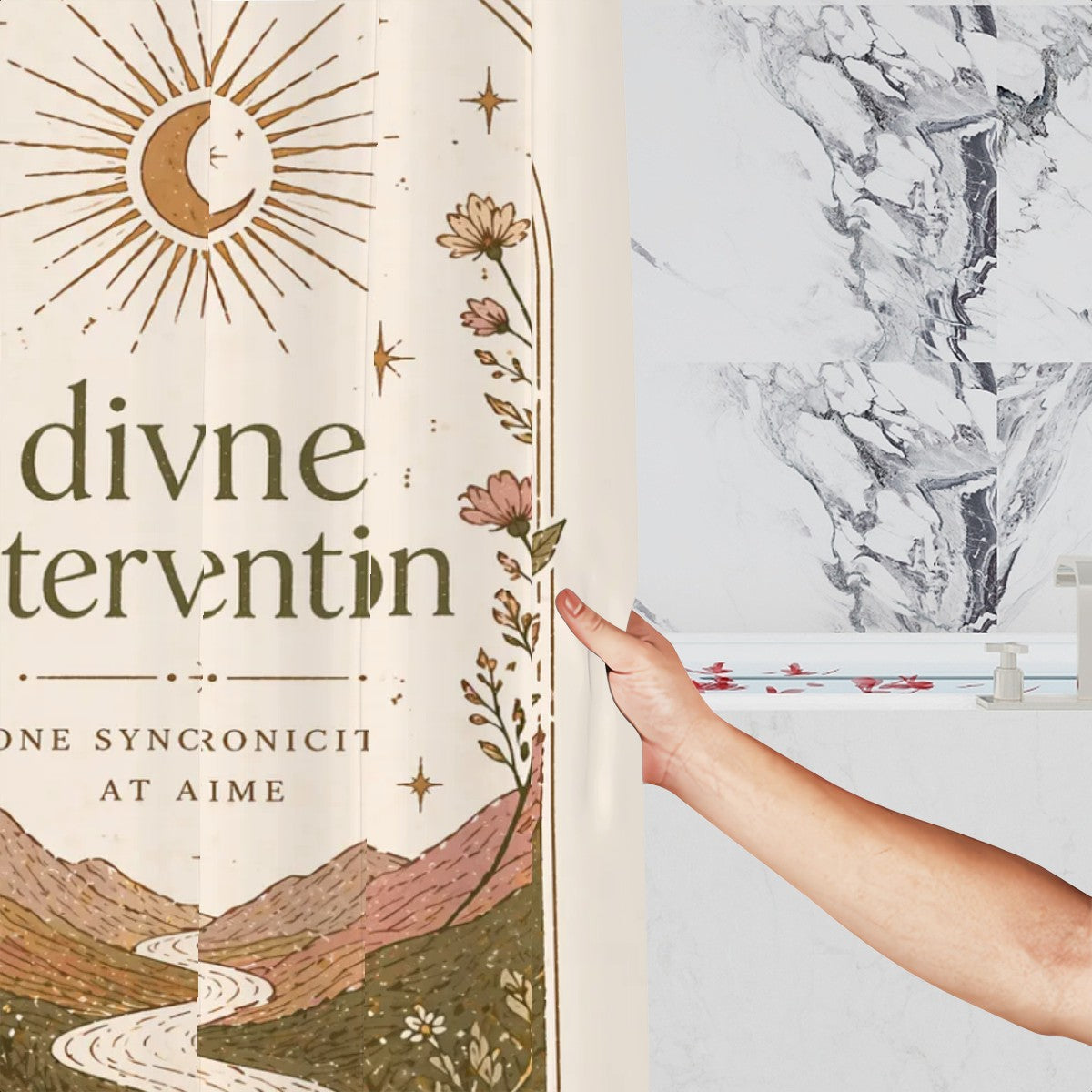 Divine Path shower curtain featuring celestial landscape design, perfect for spiritual-themed bathroom decor by Sandy Beach.