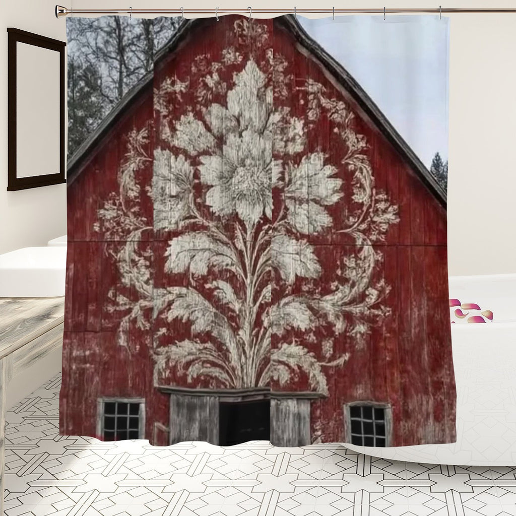 Rustic Red Barn Floral Farmhouse Shower Curtain
