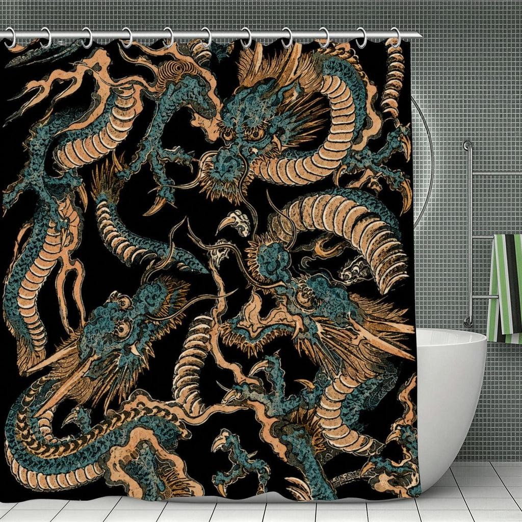 Black shower curtain featuring intricate gold and teal oriental dragon patterns.