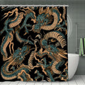 Black shower curtain featuring intricate gold and teal oriental dragon patterns.