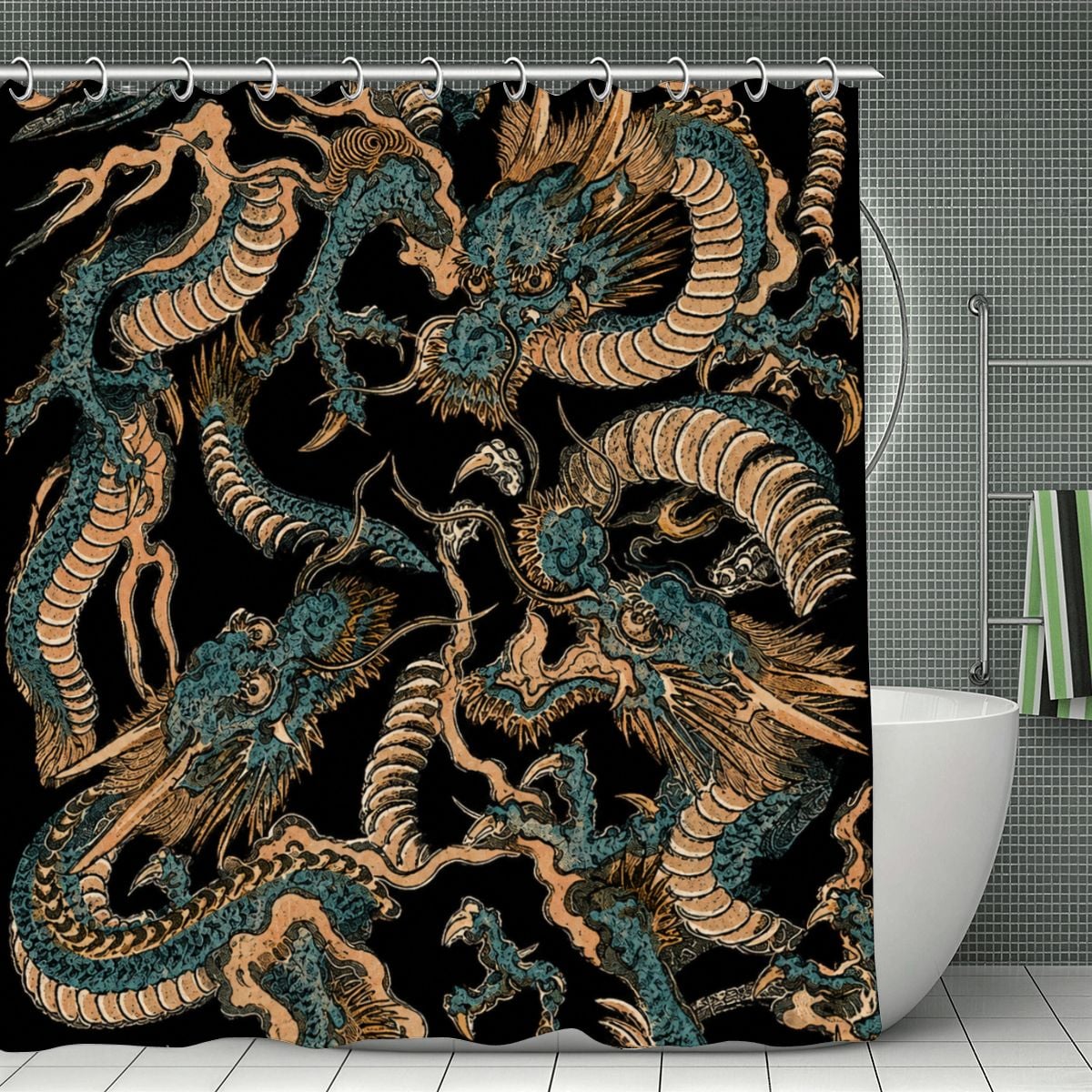 Black shower curtain featuring intricate gold and teal oriental dragon patterns.
