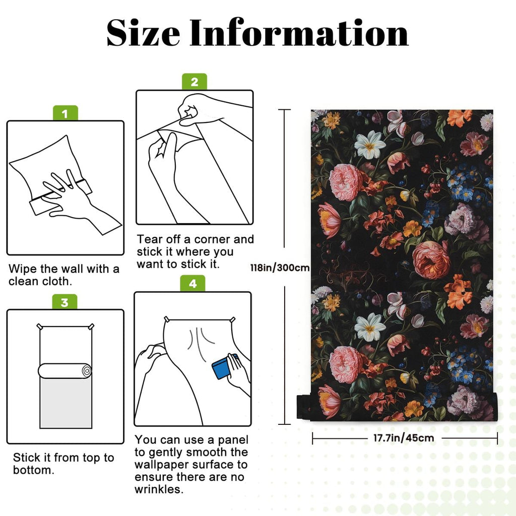 Floral pattern shower curtain size guide with installation steps and dimensions.