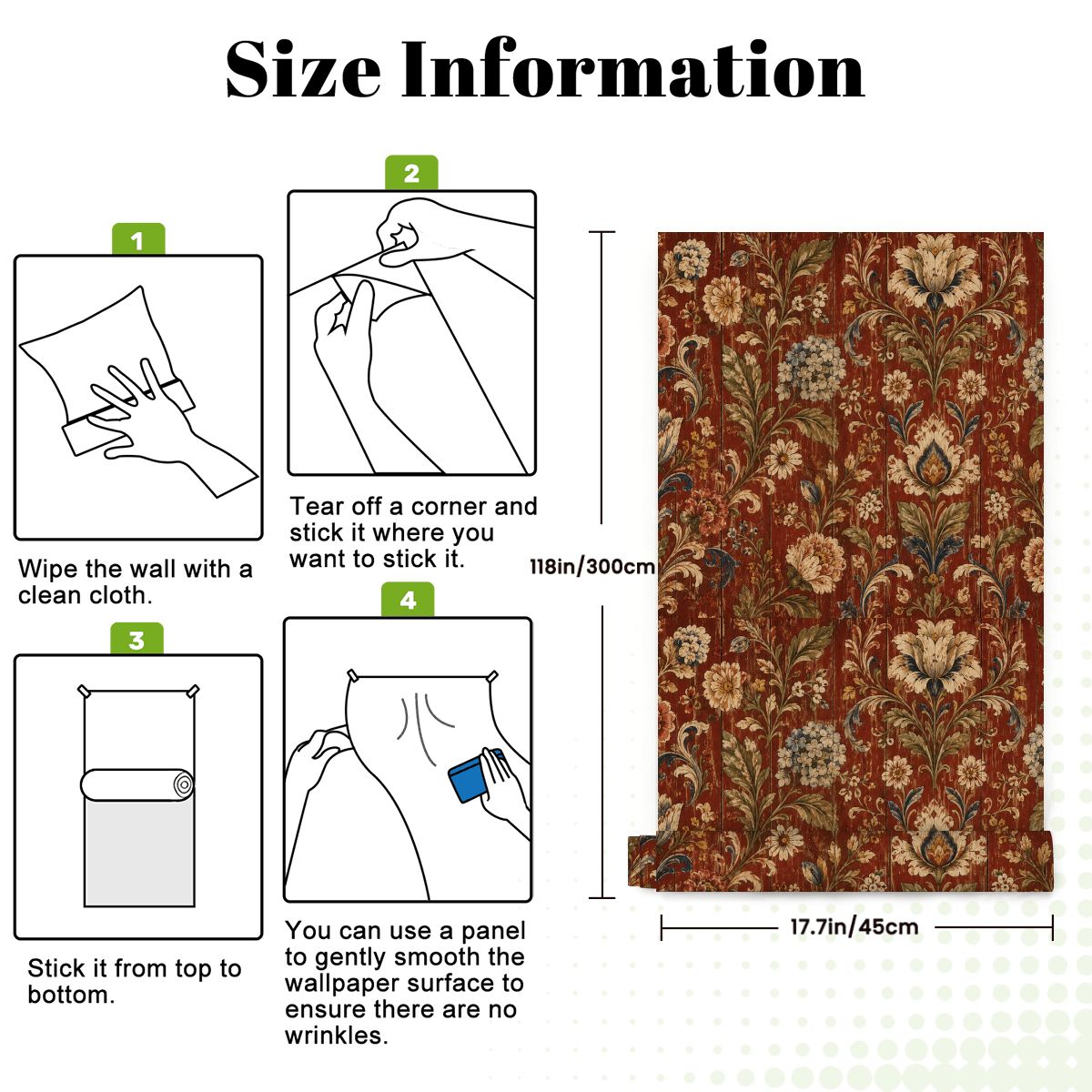 Size information for a floral patterned shower curtain, showing 118in by 17.7in dimensions.
