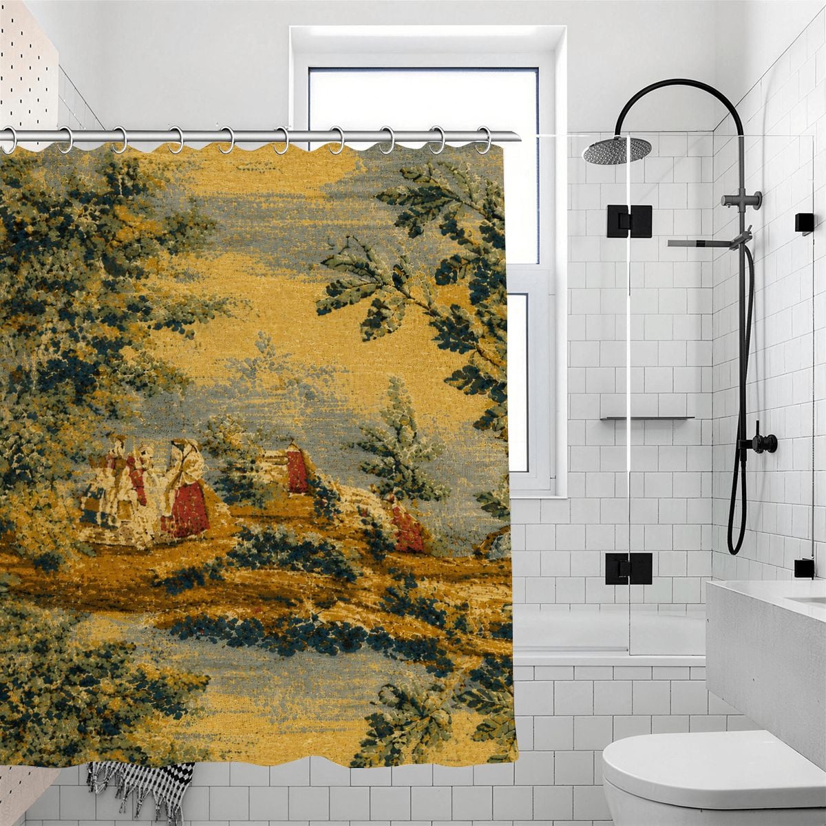 Vintage tapestry style shower curtain with scenic landscape and figures in a bathroom.