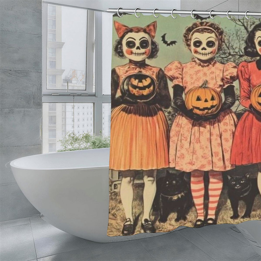 Vintage Halloween shower curtain featuring girls in costumes holding jack-o'-lanterns.