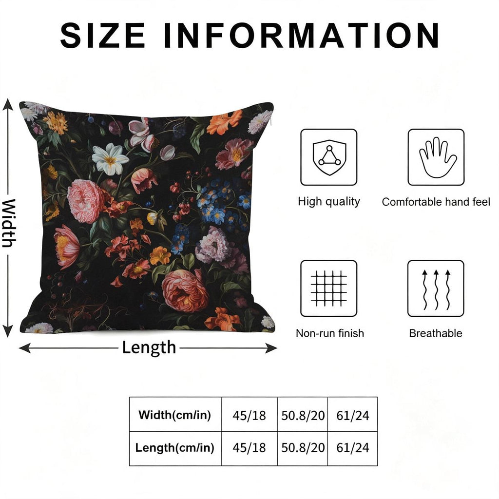 Floral print decorative throw pillow with size information and product features.