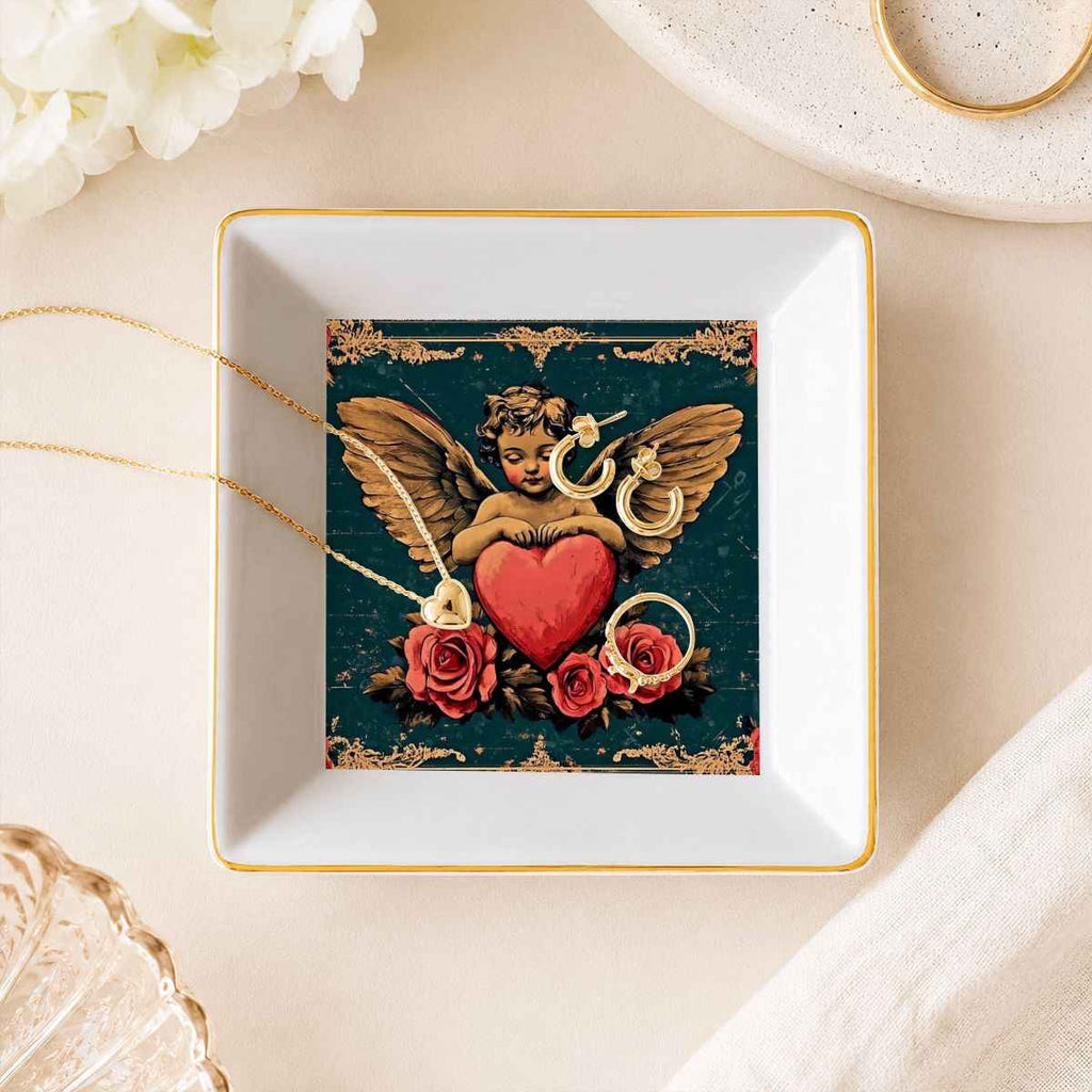 Gold Trim Jewelry Dish Cupid