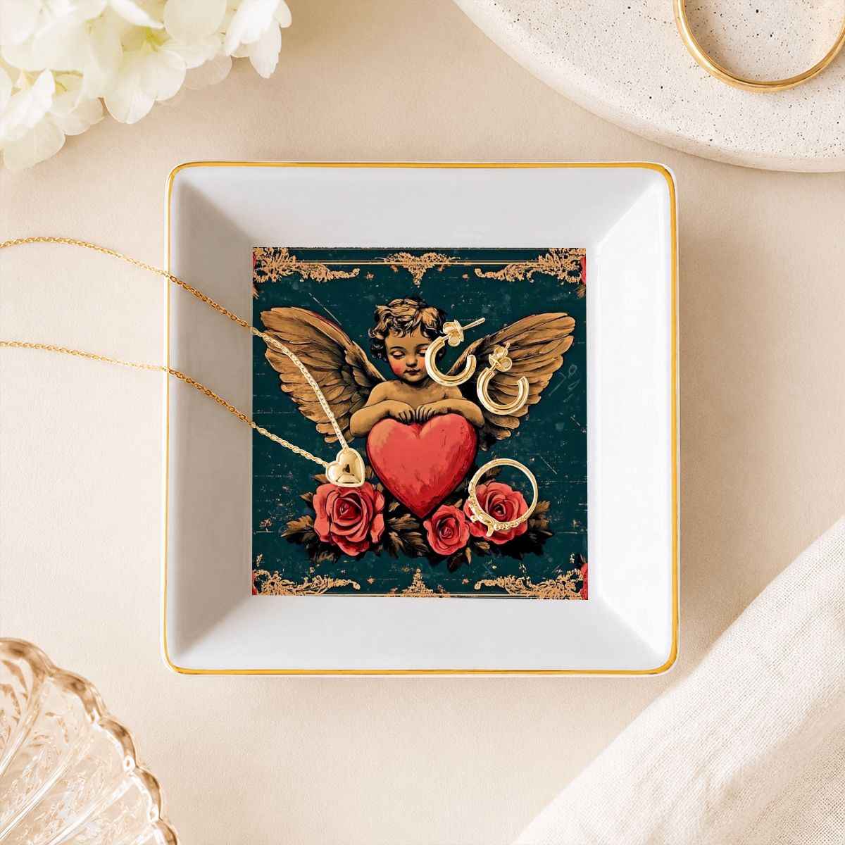 Gold Trim Jewelry Dish Cupid
