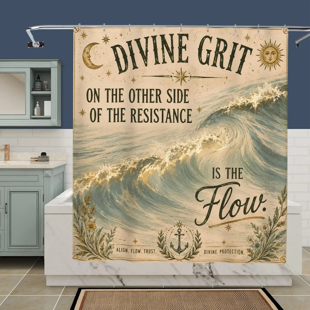Sandy Beach Divine Grit Flow shower curtain with ocean waves and inspirational text.