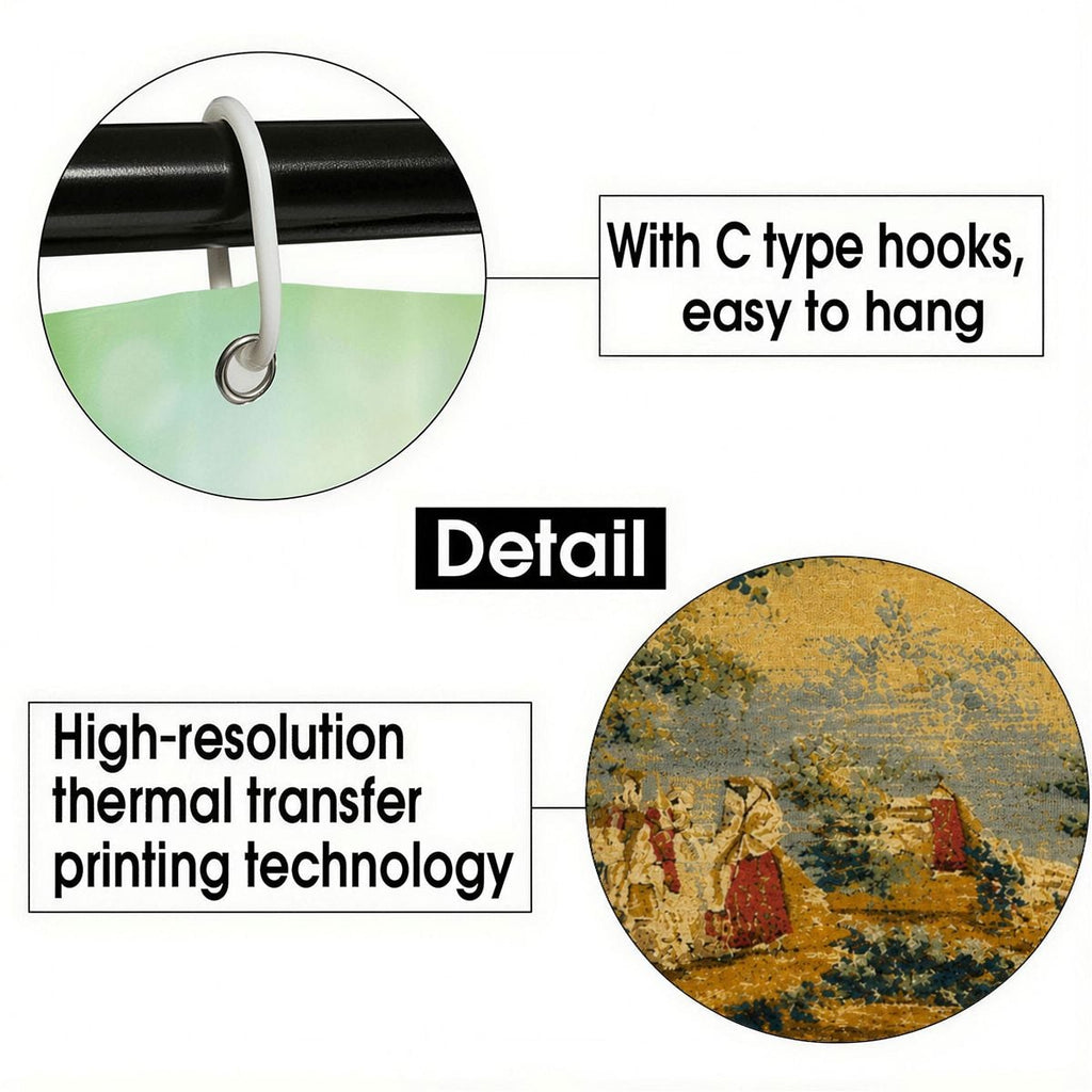 Close-up details of C-type shower curtain hooks and high-resolution thermal transfer print.
