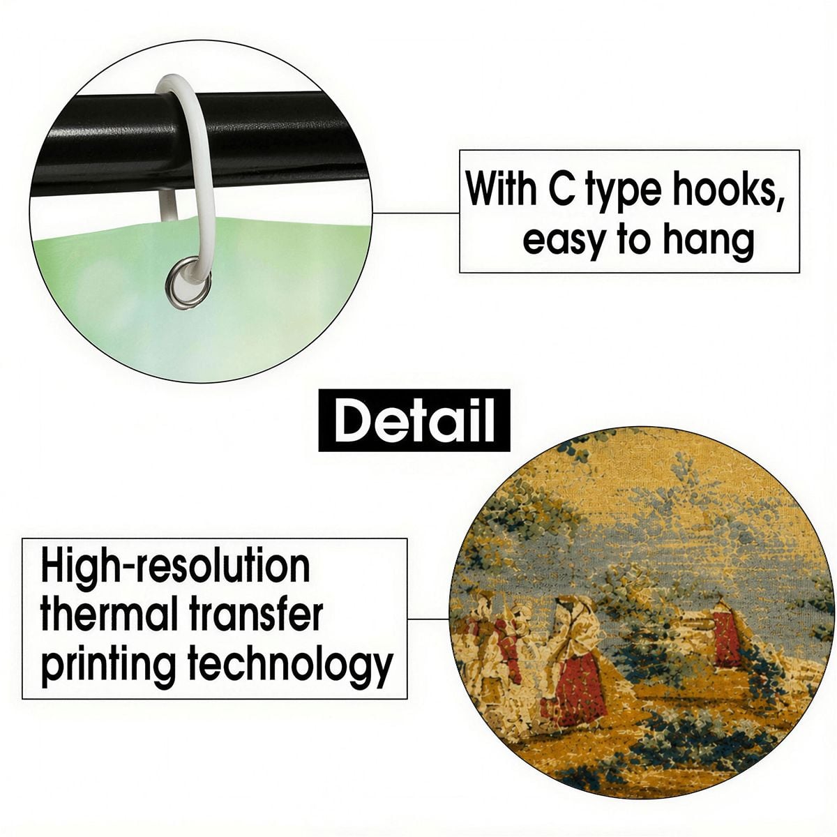 Close-up details of C-type shower curtain hooks and high-resolution thermal transfer print.