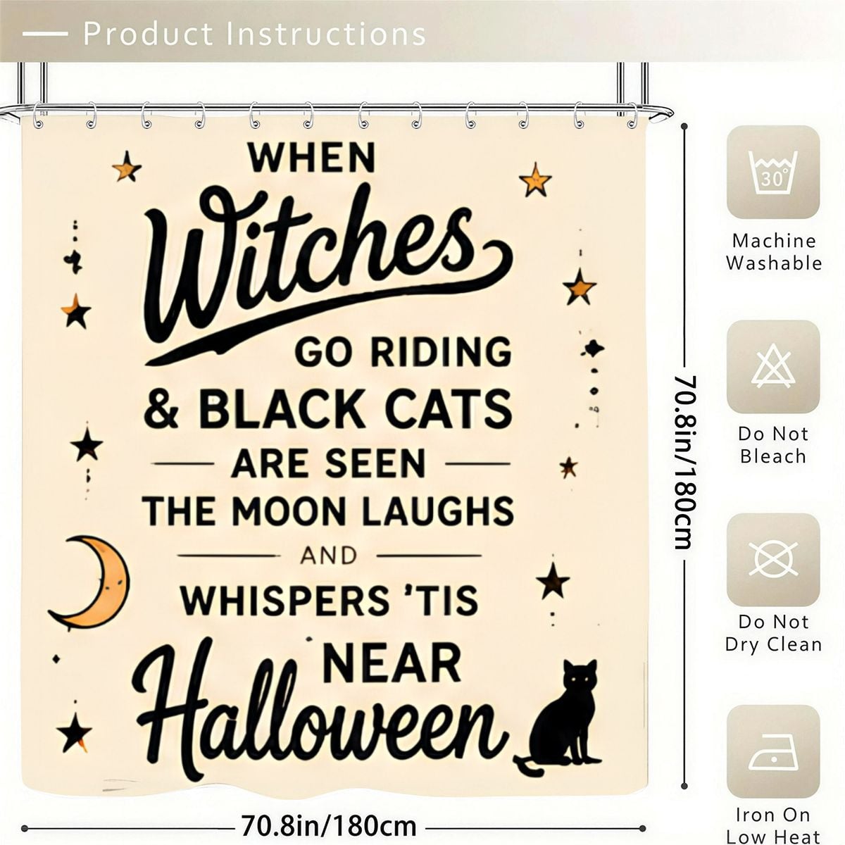 Halloween themed shower curtain with witch and black cat typography design.