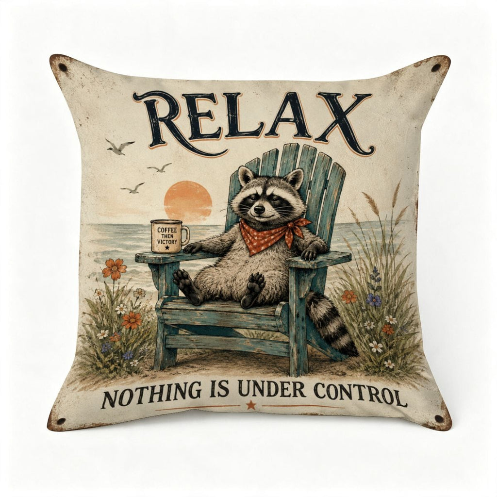 Decorative pillow featuring a raccoon relaxing in an Adirondack chair with coffee at the beach.