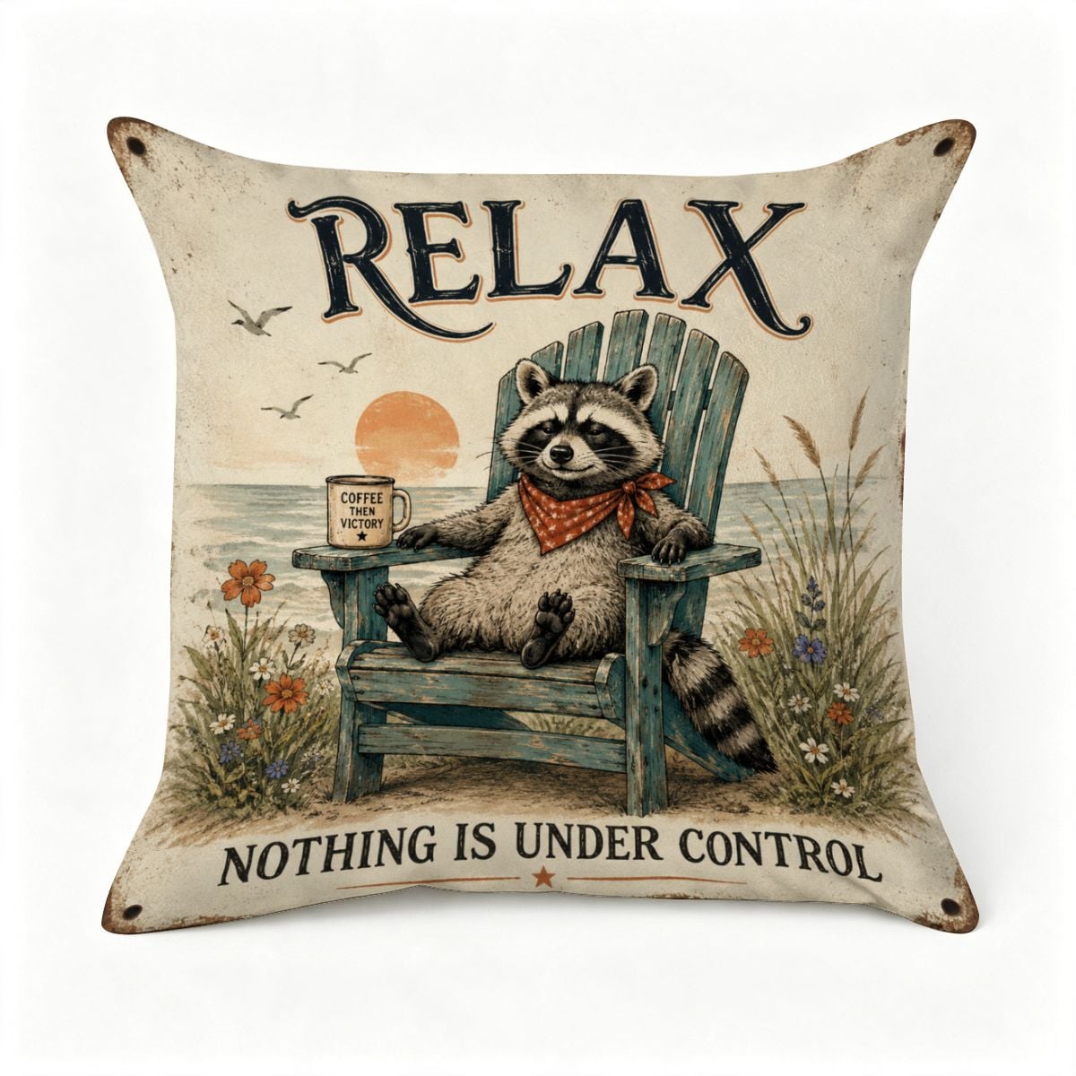 Decorative pillow featuring a raccoon relaxing in an Adirondack chair with coffee at the beach.