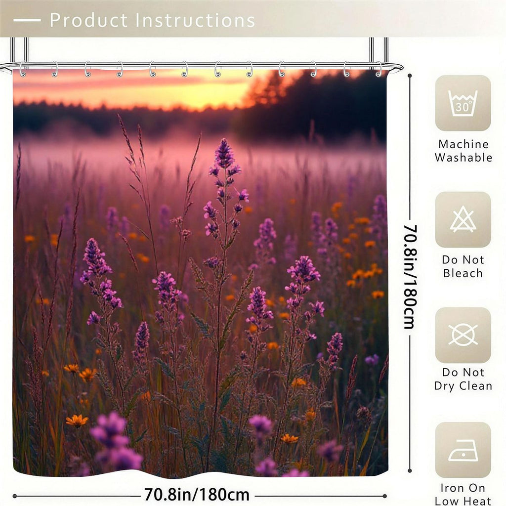 Purple wildflower meadow shower curtain at sunset with care instructions.