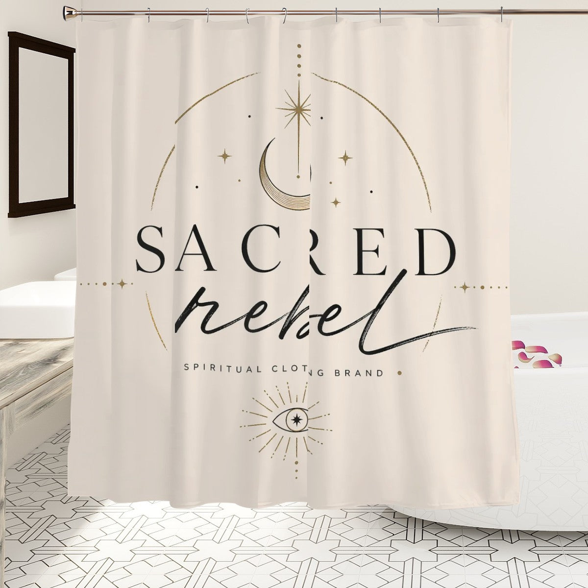Sandy Beach bathroom decor shower curtain with ocean wave pattern hanging in a modern bathroom.