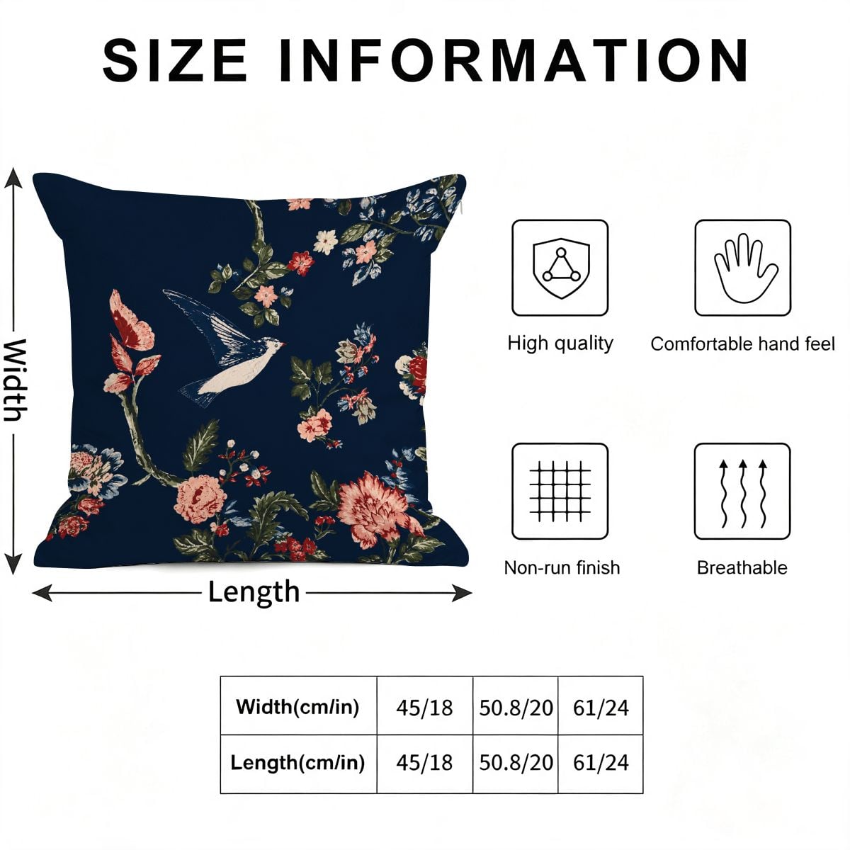 Size chart for navy blue floral bird print decorative throw pillow with dimensions.